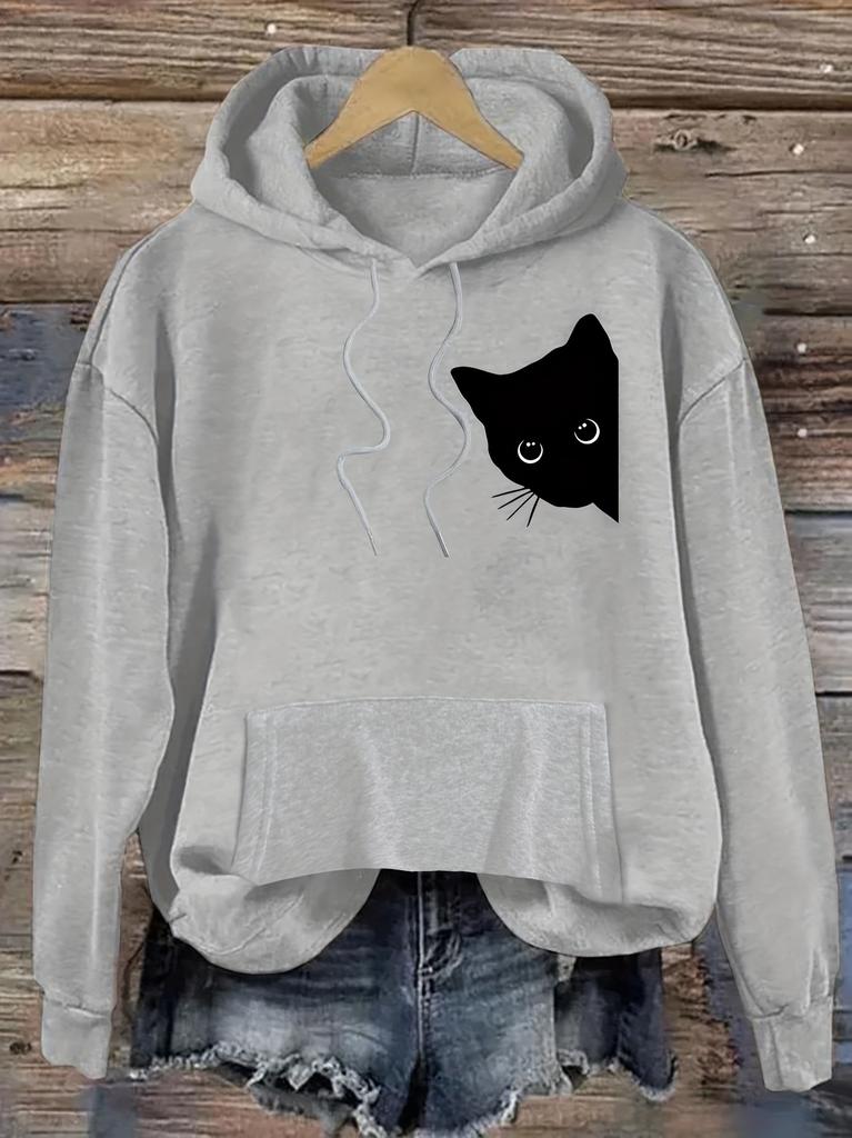 Women's autumn and winter casual loose warm personalized cat pattern printed suede long sleeved hooded sweatshirt