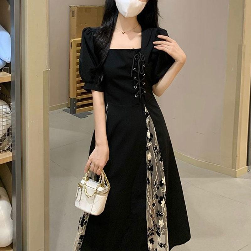 Fashion Broken Flowers Spliced Midi Dress Summer French Style Elegant Square Collar Vintage Chic Bandage Dresses