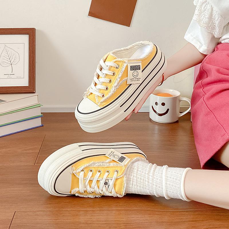 Baotou slippers women's summer outer wear 2025 new canvas shoes without heel versatile students half drag thick soles ins tide