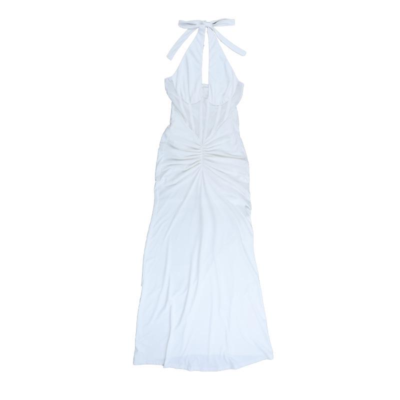 European Style 2026 Elegant Sexy Halter Pleated Hollow Backless Evening Gown Skirt