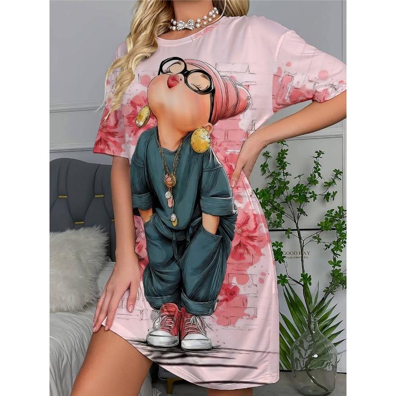 Modisches bedrucktes Damenkleid mit kurzen Ärmeln und Rundhalsausschnitt, geeignet für den täglichen Gebrauch, zum Pendeln und Reisen.