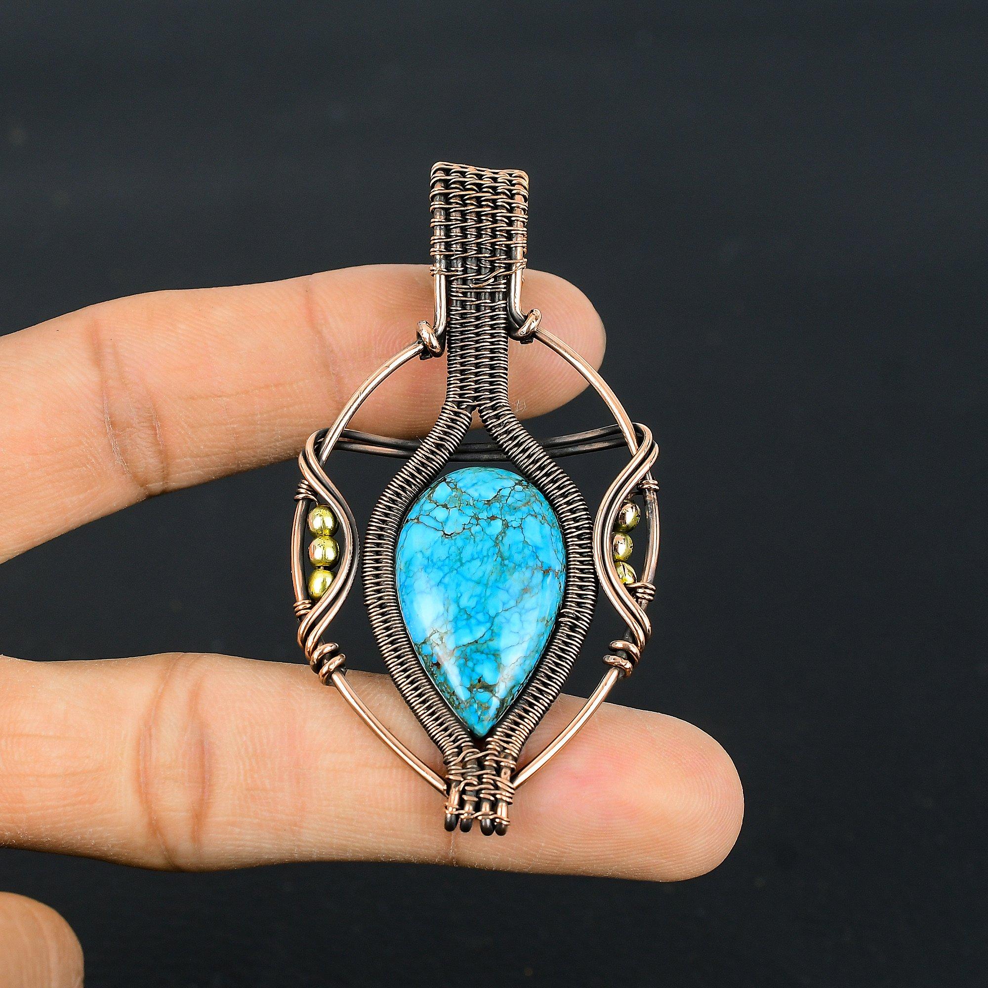 

Подвеска из тибетской бирюзы, ювелирное изделие из драгоценного камня, обернутое медной проволокой 999 пробы, подвеска ручной работы, на День благодарения 2.55 Inches