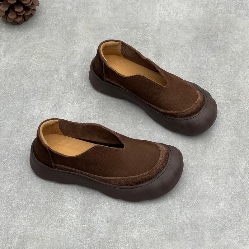 Johnature Vintage Handmade Genuine Leather Loafers Round Toe Thick Soled Cowhide Women's Slip-on Shoes