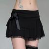 Gótico Y2K Saia Mini A-Line com Laço e Acabamento em Renda Preto Mulher Streetwear Coreano