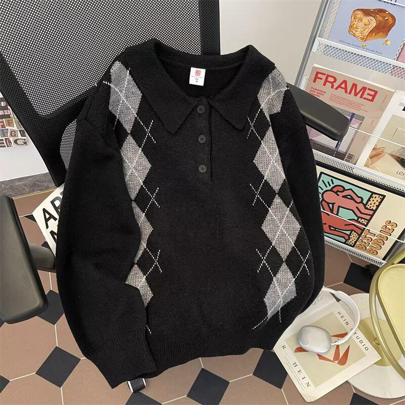 2025 British Classic Diamond Jacquard Color Block Knit Sweater