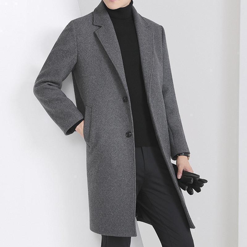 Men's 2025 Winter Korean Style Woolen Coat: Trendy Mid-Length Thick Thickened British Windbreaker