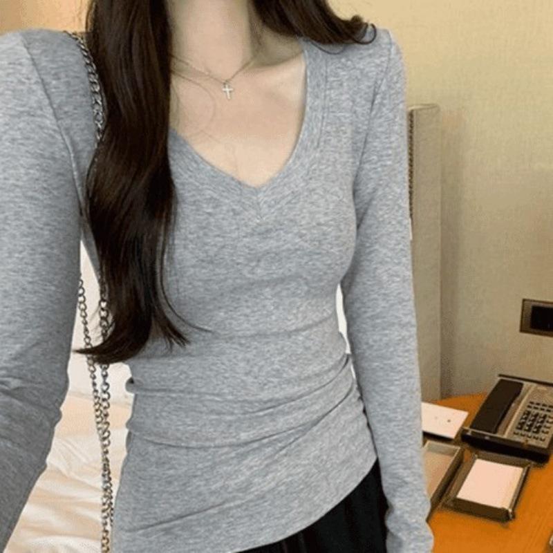 Women's 2025 Autumn/Winter V-Neck Long-Sleeve Sweet & Spicy European Style Fitted Base Layer Top
