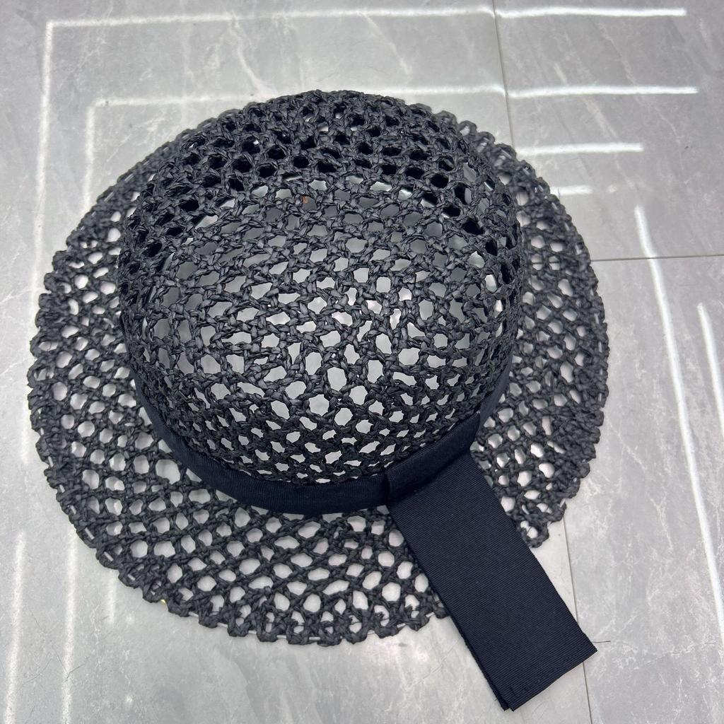 Handwoven Raffia Straw Fedora Hat with Black Ribbon Breathable Hollow Out Mesh Sun Hat for Women Summer Beach Hat