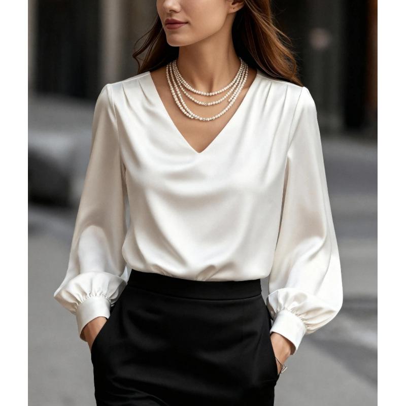 Spot 2025 Neuer Stil Französischer Stil Puffärmel V-Ausschnitt Satin Langarmbluse für Damen