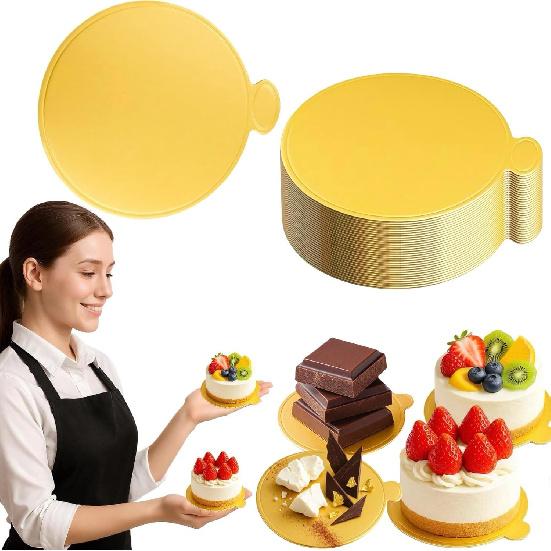 30 Pcs 3.14 Inch Mini Round Golden Cake & Bread Stand – Mousse Cupcake Base Paper Plates Circle Dessert Base Board (Gold)