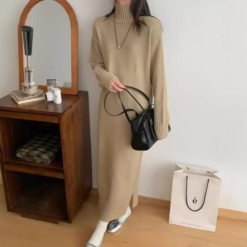 Simple temperament long style with coat knitted primer dress women's loose and lazy inside with turtleneck sweater skirt