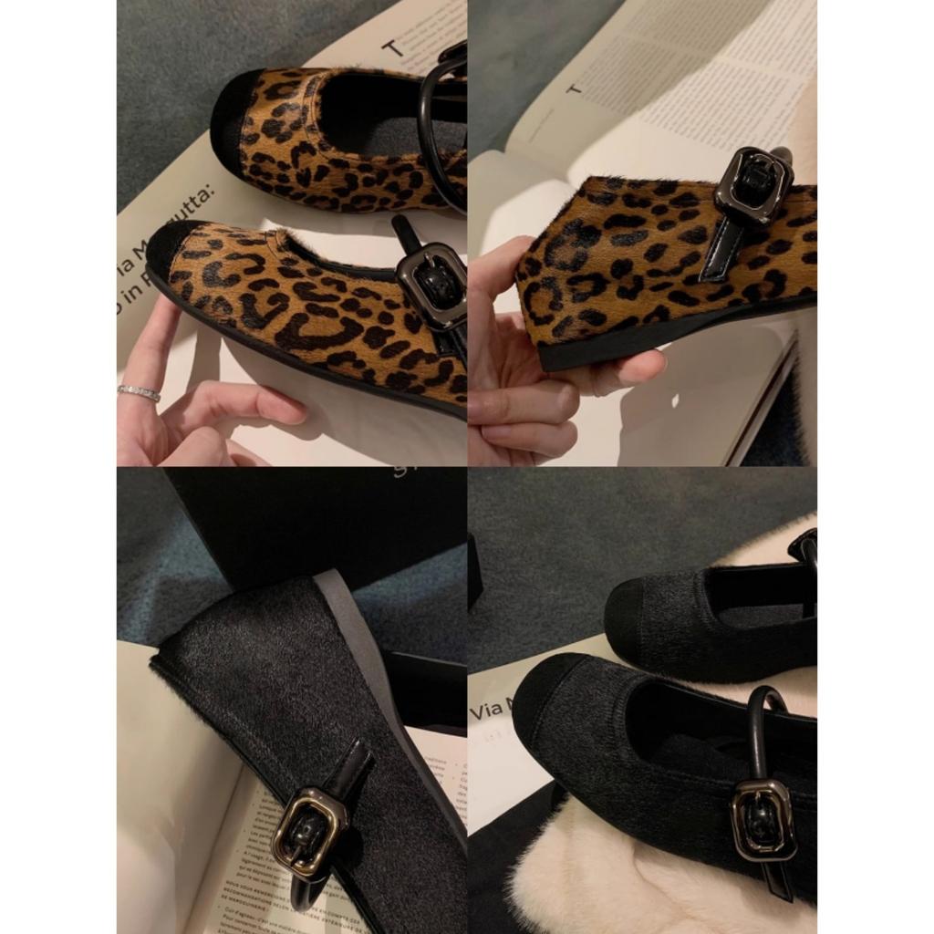 Sheepskin version~ Temperament round head with leopard print inner height increase Mary Jane shoes women's shallow mouth single shoes