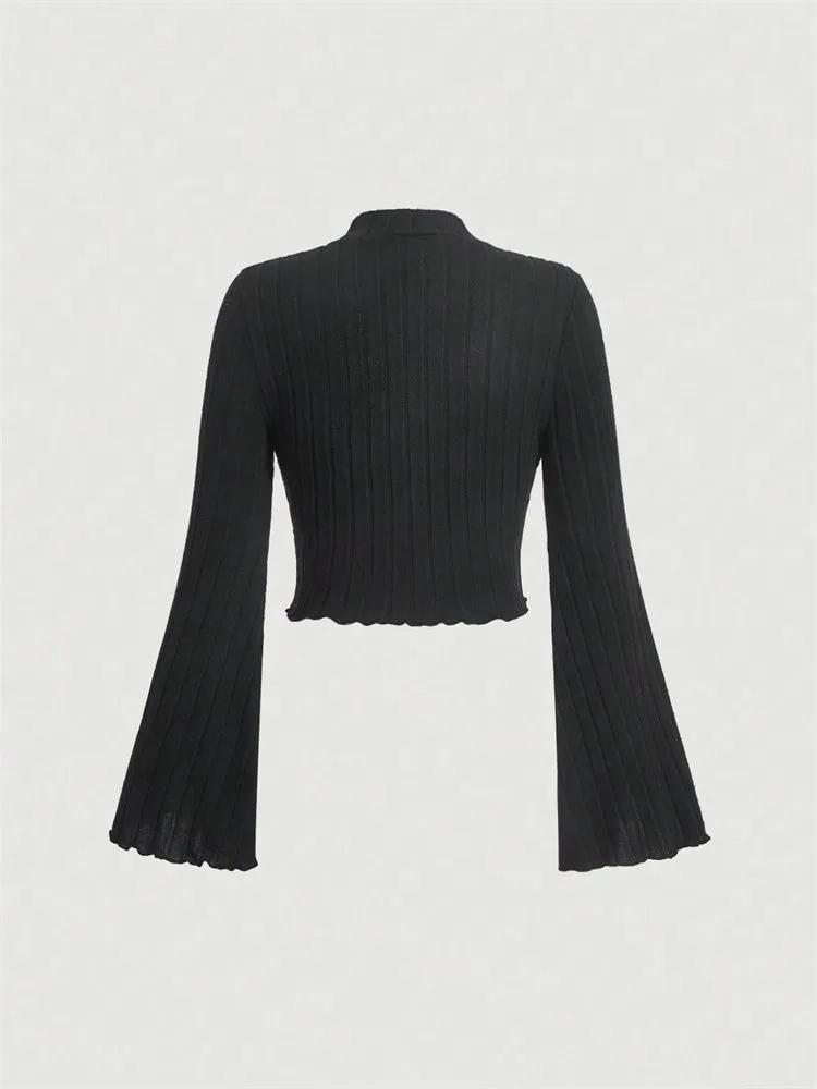 Long Sleeve Crop Top Phumee Mock Neck Flared Sleeves  Rib-knit  A1814