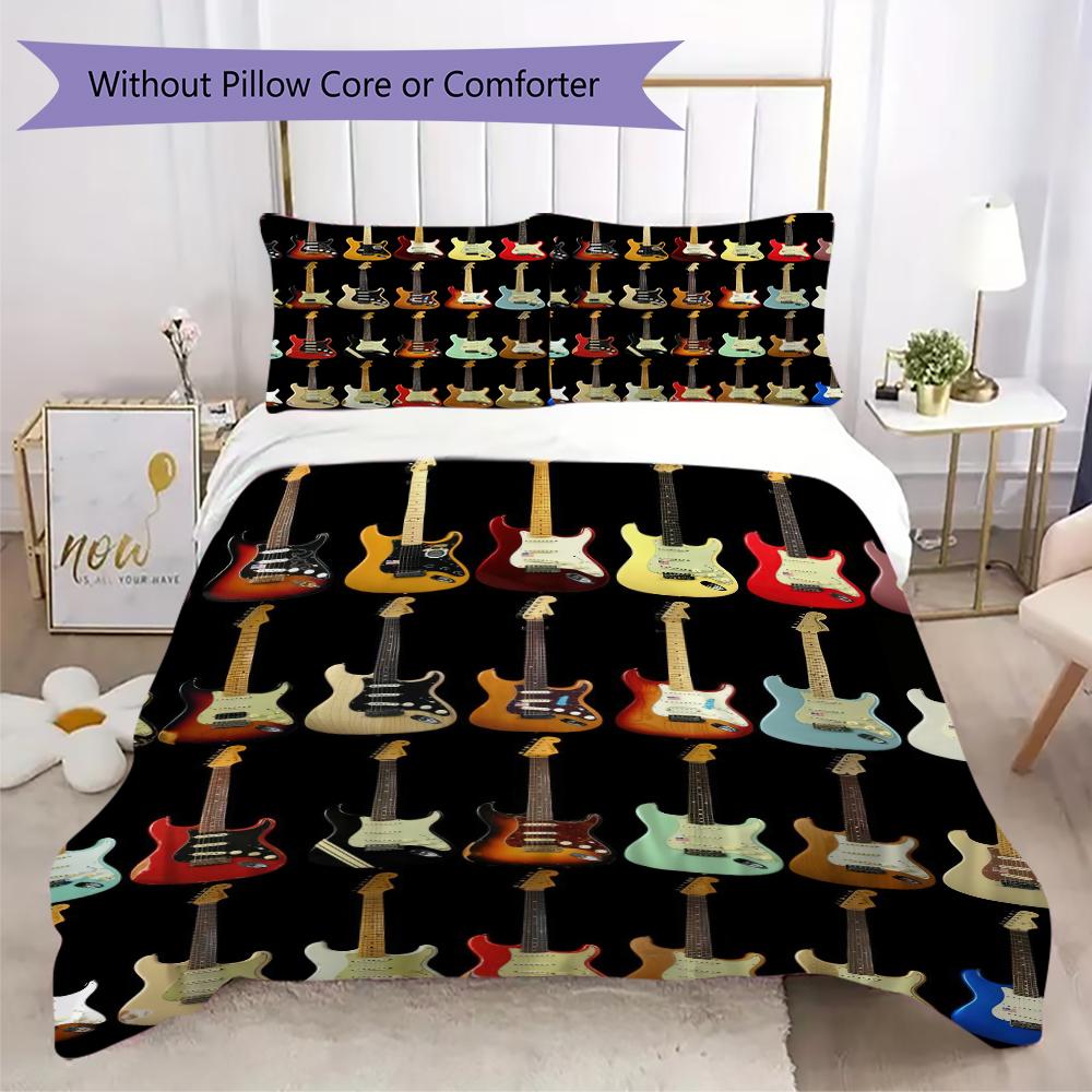 1PC Electric guitar Theme Bedding Quilt Set Quilt Cover Pillowcase Home Decoration Birthday Gift (1 * duvet cover + 2 * pillowcase, without core)A3