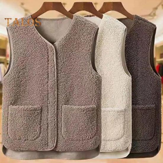 Women Fall Spring Vest Round Neck Thick Fleece Pockets Solid Color Sleeveless Zipper Closure Retro Warm Office Street Home Vacation Layering