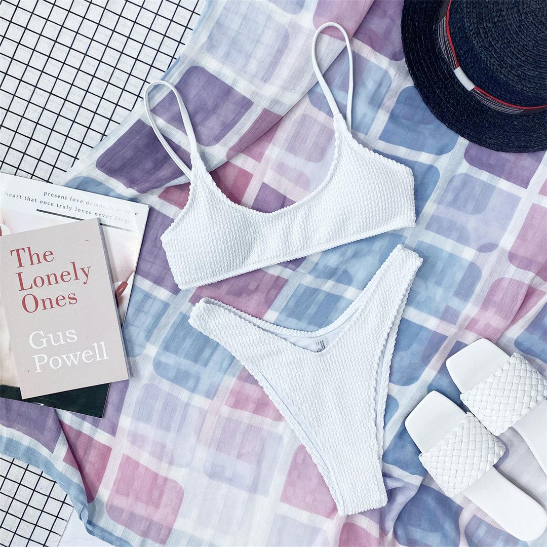 

Сексуальное бикини в рубчик с мягкой подкладкой, женский купальник, женский купальник, комплект из двух частей, комплект бикини со средней талией, купальный костюм для плавания L белый