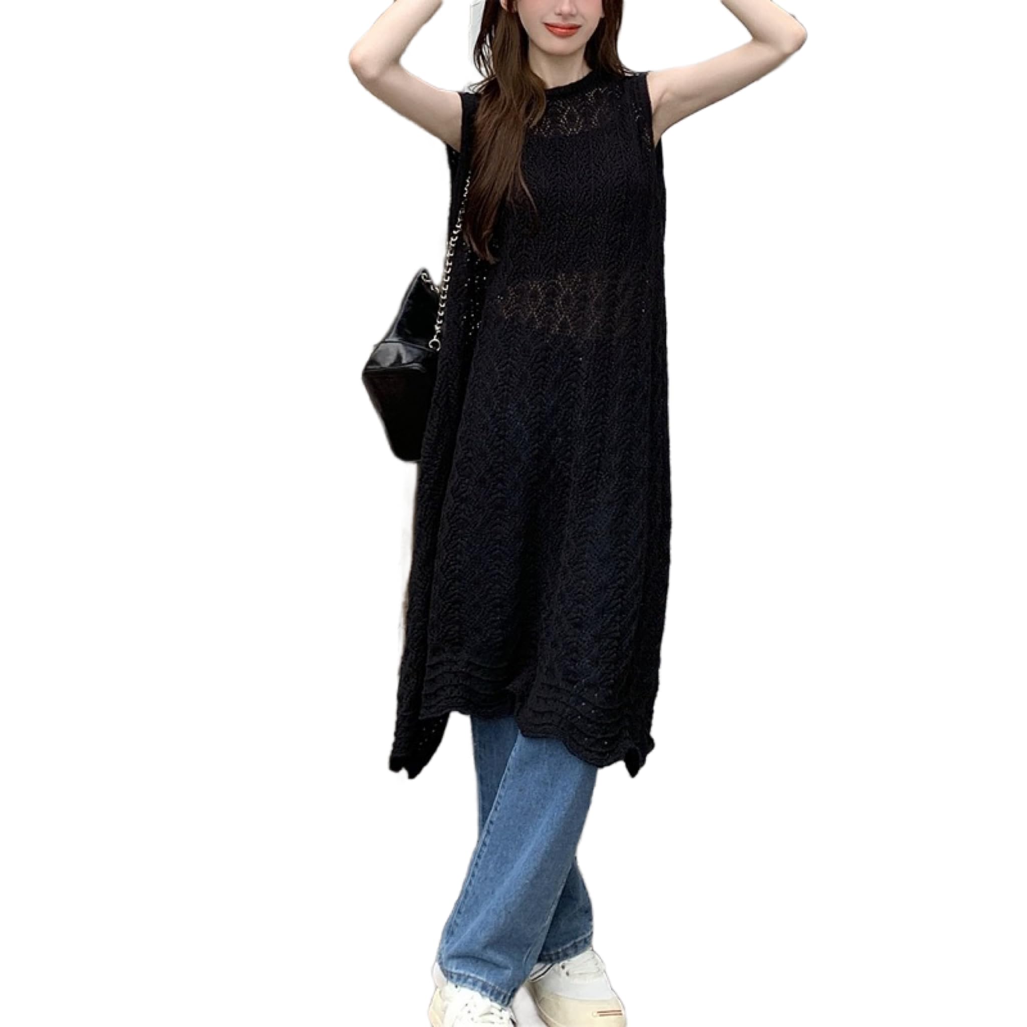 

кружевной летний вязаный ажурный прохладный топ без рукавов Длинный двухсторонний прозрачный кардиган, жилет, реверсивный, сетчатый, горловина, (черный) чёрный