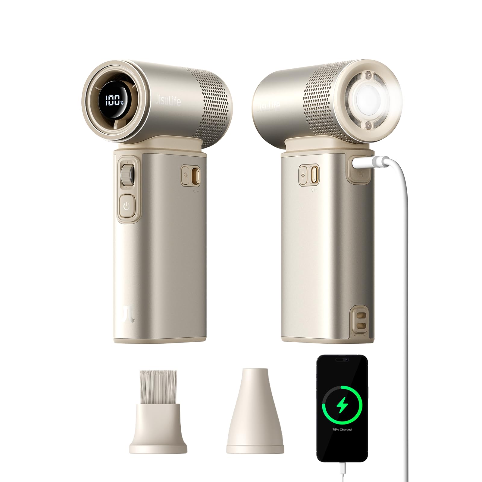 

JISULIFE Multifunctional Handheld Fan 9000mAh Large Super Adjustable 43000 LED Heat Travel Light Gold 5-in-1 [2025 Model] Capacity, Powerful, 1-100