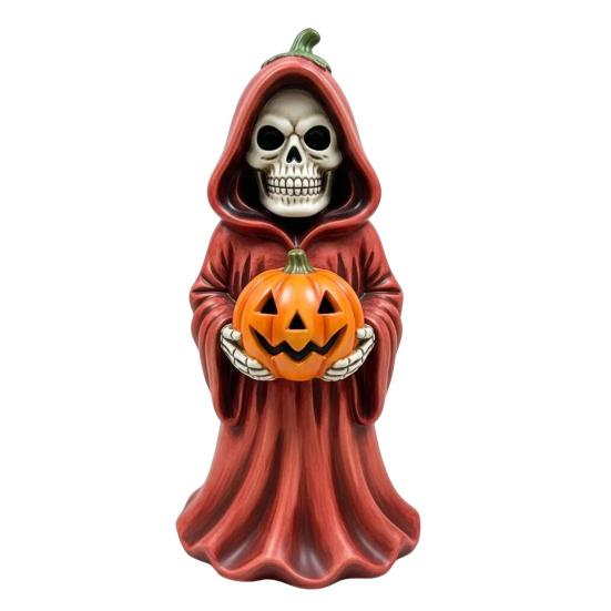 Halloween Skull Pumpkin Figurine Resin Skeleton Holding Pumpkin Statue Spooky Tabletop Ornaments for Indoor Home Decor