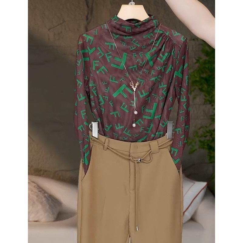 Top de bază cu guler pe jumătate pentru femei pentru toamnă Tricou subțire cu mânecă lungă Top elegant cu textură plasă Temperament subțire