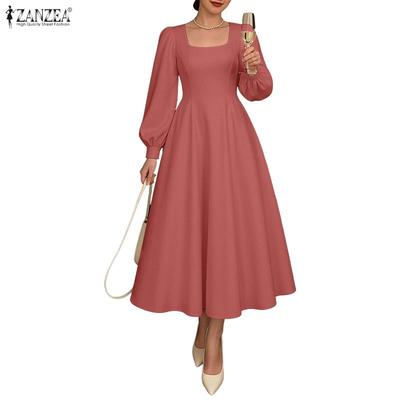 Damen Elegantes Quadratischer Kragen Langarm Lässiges Langes Kleid