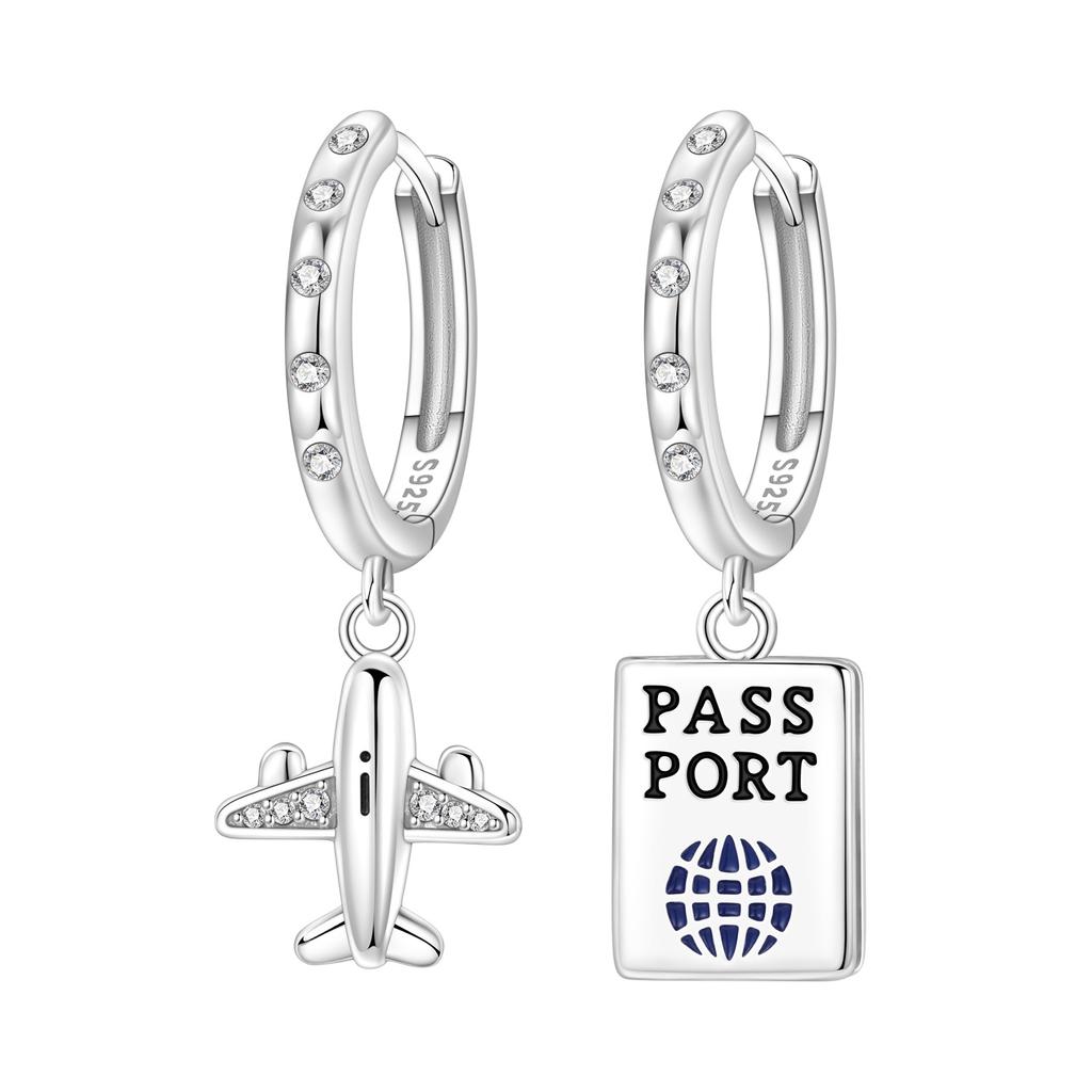 Original S925 Sterling Silver Travel Life Elements Airplane Passport Earrings for Women's Fashion Party Jewelry Gift Ear Loops