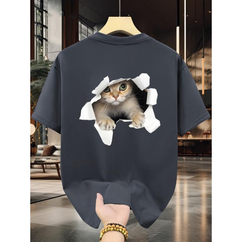 Men's Summer 100 Cotton Fashionable Casual Loose Large Size 3D Cat Pattern Printed Sports Round Neck Short Sleeve T-shirt Top