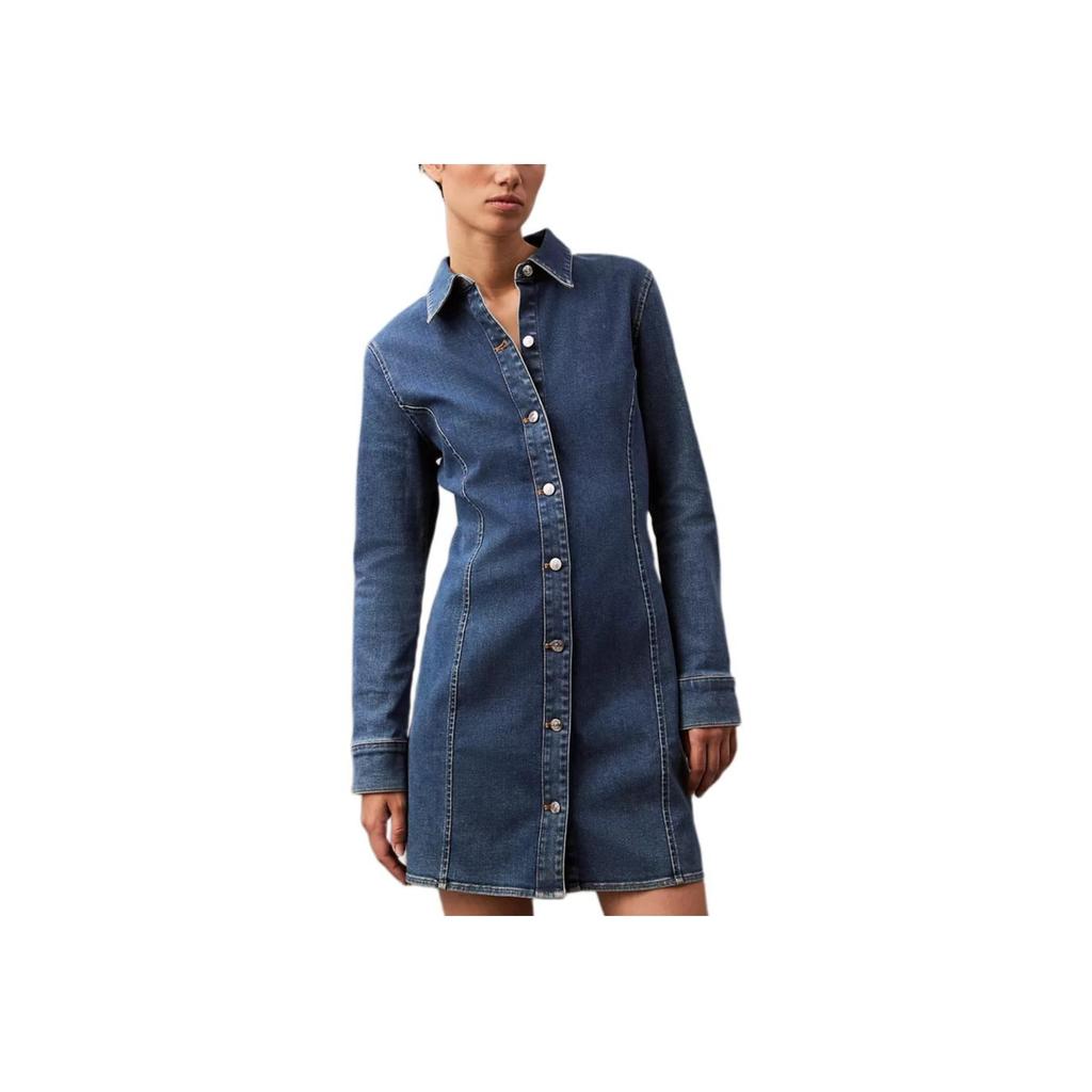 Calvin Klein Minimalist Slim Fit Pointed Collar Button Long Sleeve Dress Women Dresses Blue 40WL755-420