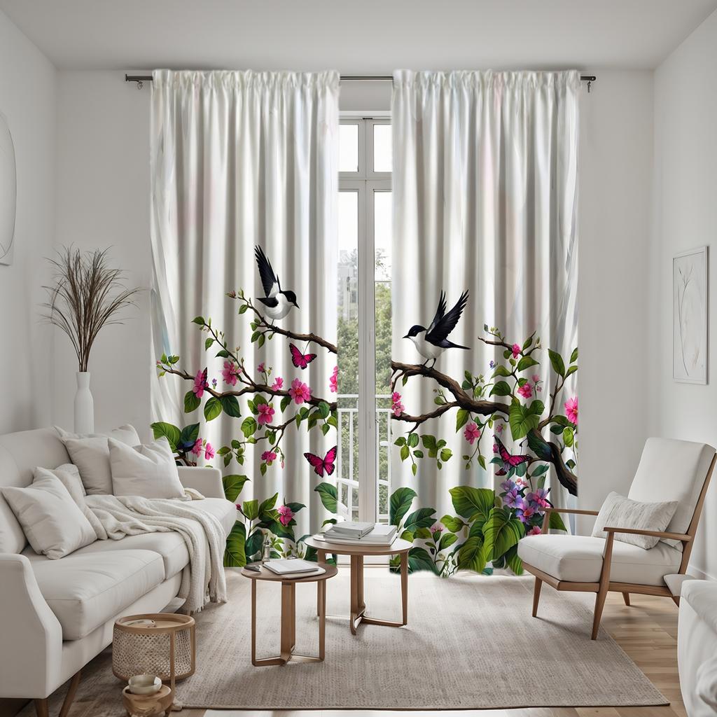 2 Stück HD Pastoralstil klein frisch Vogelgesang Blumendekoration Vorhang weißes Band digital bedruckter Vorhang Heimdekoration