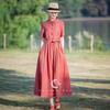 2025 summer new solid color cotton and linen dress women's Polo collar short sleeve lace-up waist temperament long dress