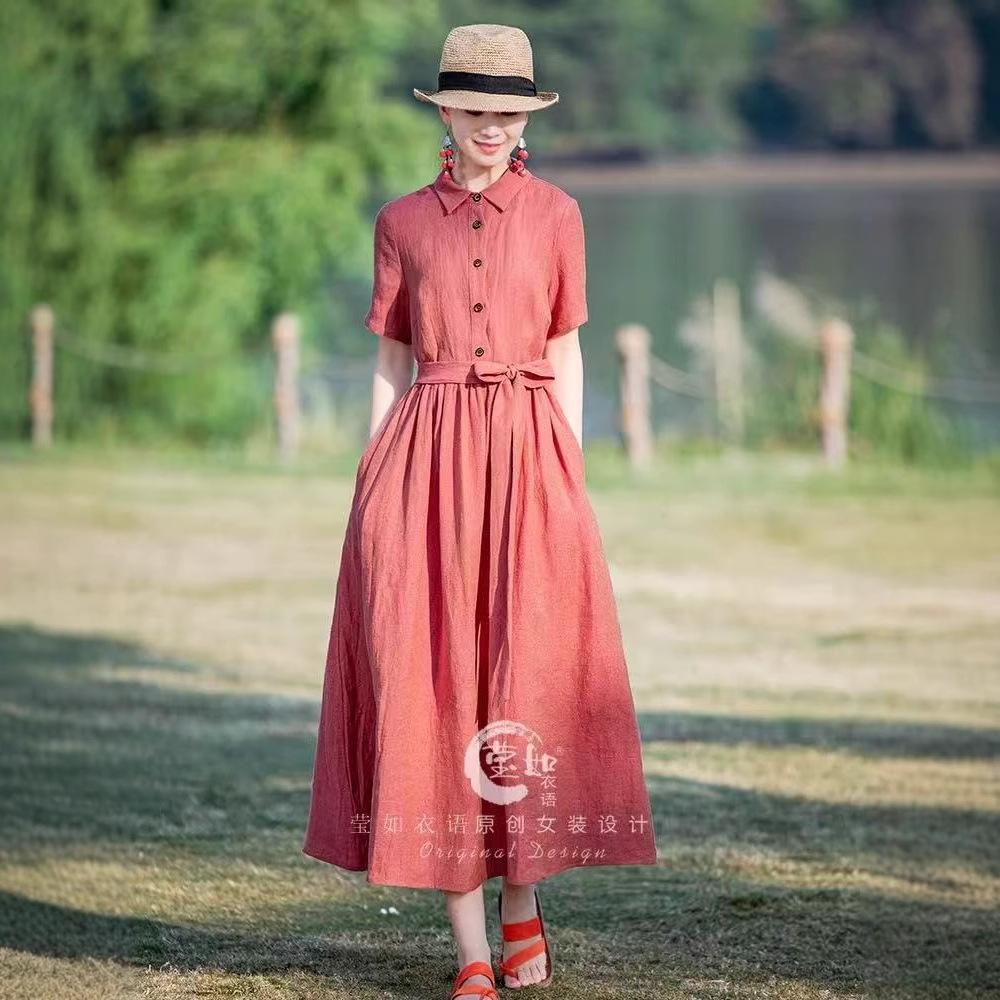 2025 summer new solid color cotton and linen dress women's Polo collar short sleeve lace-up waist temperament long dress