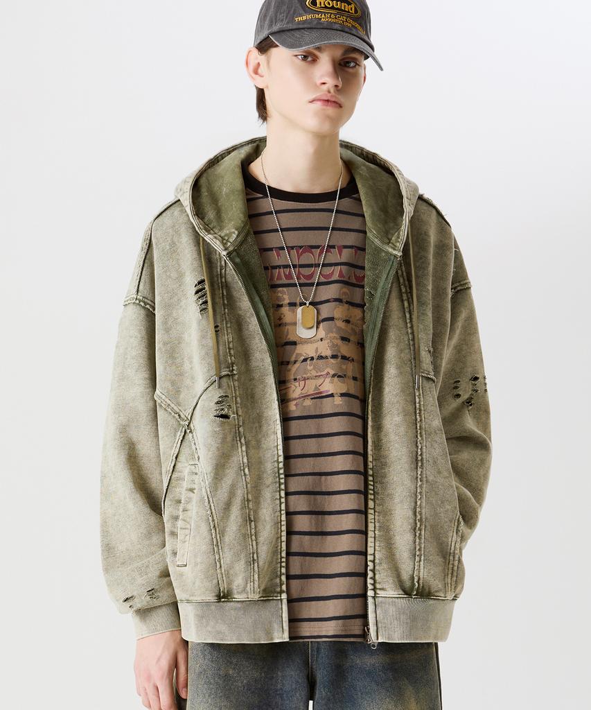 Felpa con zip oversized effetto distressed pigmentato Trillion [Kaki Chiaro]