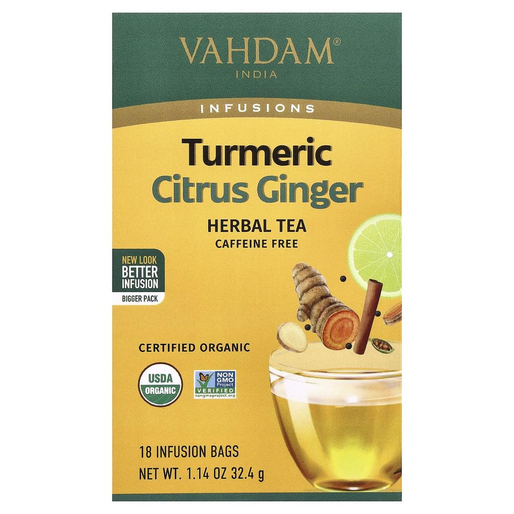 VAHDAM India, Infusions, Herbal Tea, Turmeric, Citrus, Ginger, Caffeine Free, 18 Infusion Bags, 32.4g (1.14oz)