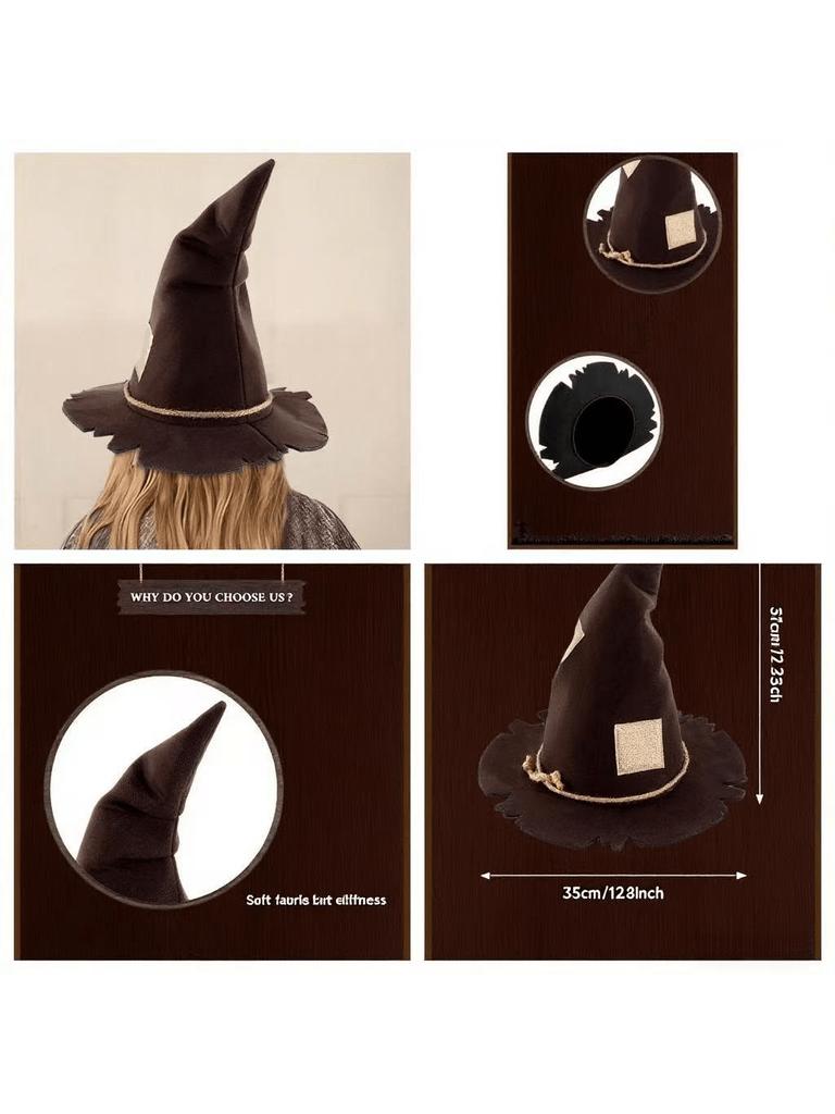 Halloween Witch Hat Brown Pointed with Scarecrow Patch for Costume Party Cosplay Photography Prop