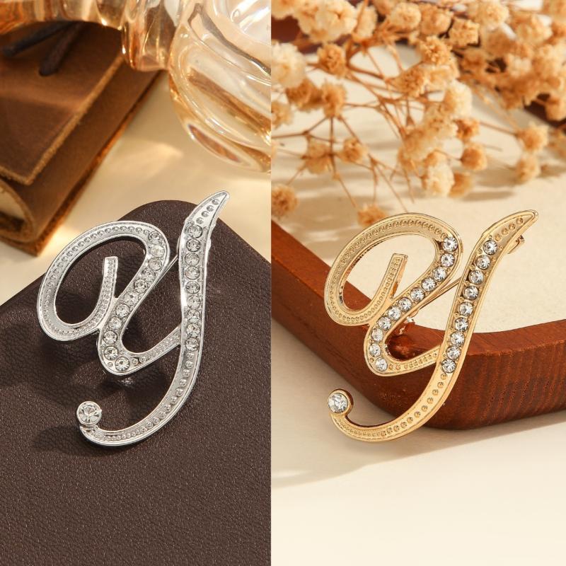 2Pcs  Full  Encrusted Gold And Silver Alphabet Letter Brooches Pins Minimalist Clothing Jewelry Accessory
