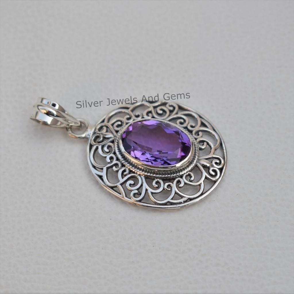 Natural Amethyst Pendant, Handmade Pendant, 925 Sterling Silver Pendant, Oval Amethyst Designer Pendant, Anniversary Pendant