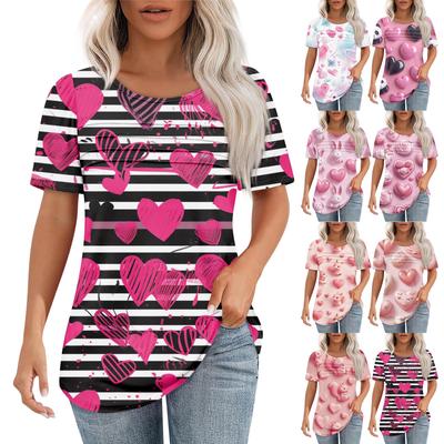 Dam Alla hjärtans dag Kärlek Hjärtmönster Kortärmad Lös Rundhals Plisserad Topp