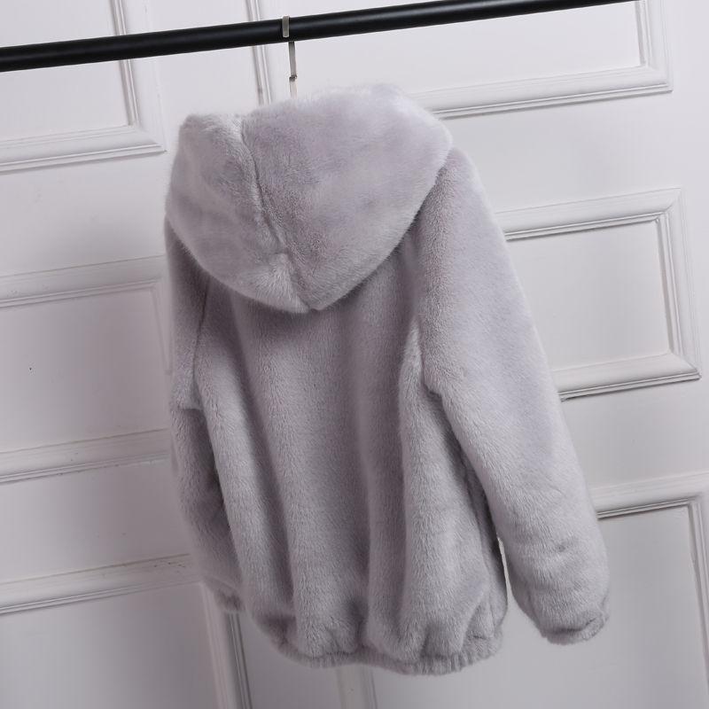 Casaco de Inverno Feminino Coreano Curto Feminino Quente Solto de Pelúcia com Capuz Espesso Casaco Sobretudo Pele Artificial