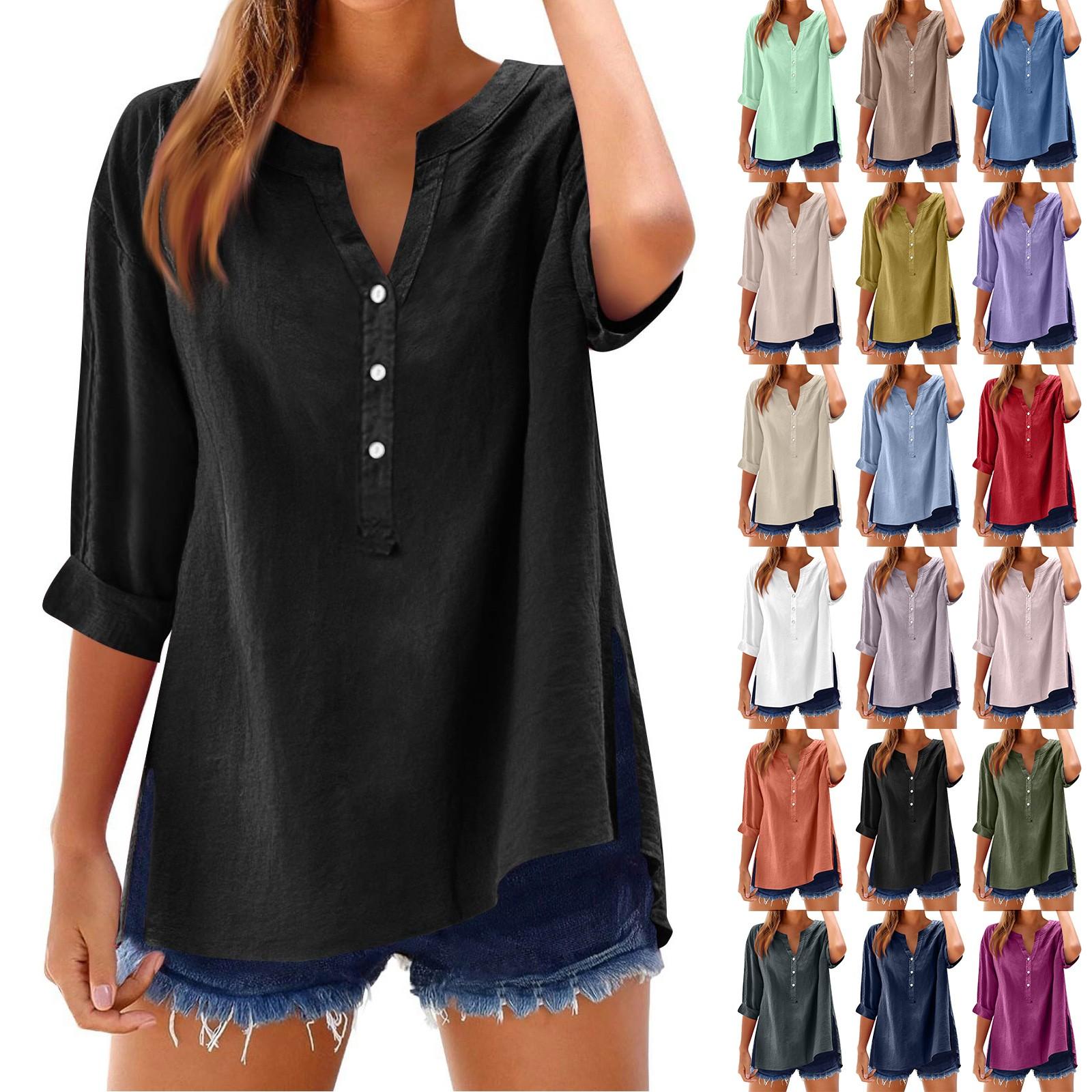

Women s Casual V-Neck Button Down Shirt Solid Color Long Sleeve Hem Split Cotton Blouse L чорний