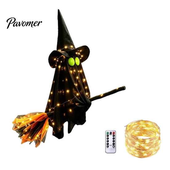 Creative Halloween Holiday Gifts Flying Ghost with Witch Broom, Large Lighted Hanging Decoration Waterproof Haunted House Supplies Hat for Lawn Patio