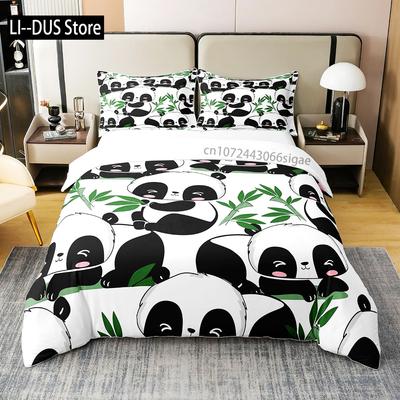 Kids Black Printed Cartoon Panda Beddings Cute Animal Pattern Teens Bedlinings 1 Duvet Cover Sets and 2 Pillowcases Full Size