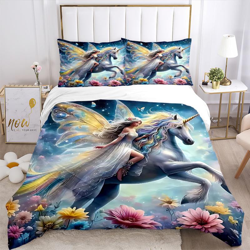 3pcs Fantasy Unicorn Fairy Bedding Set - Includes One Quilt Cover and Two Pillowcases (No Core) - Anime Cartoon Design, Perfect for Bedroom and Guest