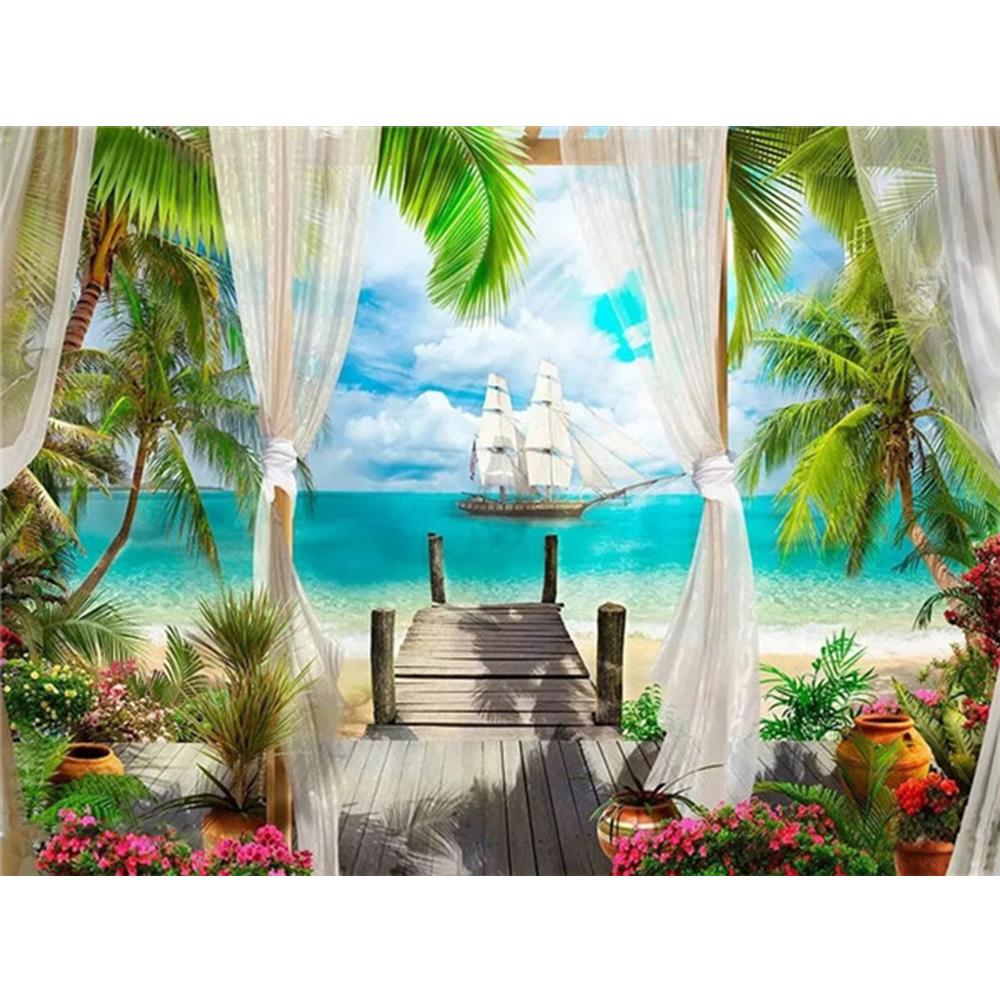 5D Full Square Diamond Painting Seaside Rhinestone Kit Diamond Embroidery Kit Landscape Coconut Tree Handicraft Wall Art