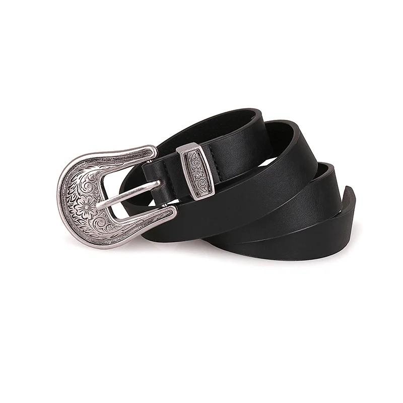 Retro Leatherlike Belt With Ornate Silver Buckle And Natural Texture For Casual Wear