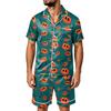 Men's Halloween Satin Print Short Sleeve Pajama Set with Pockets - Loose Fit 2-Piece Sleepwear for Home Daily Wear
