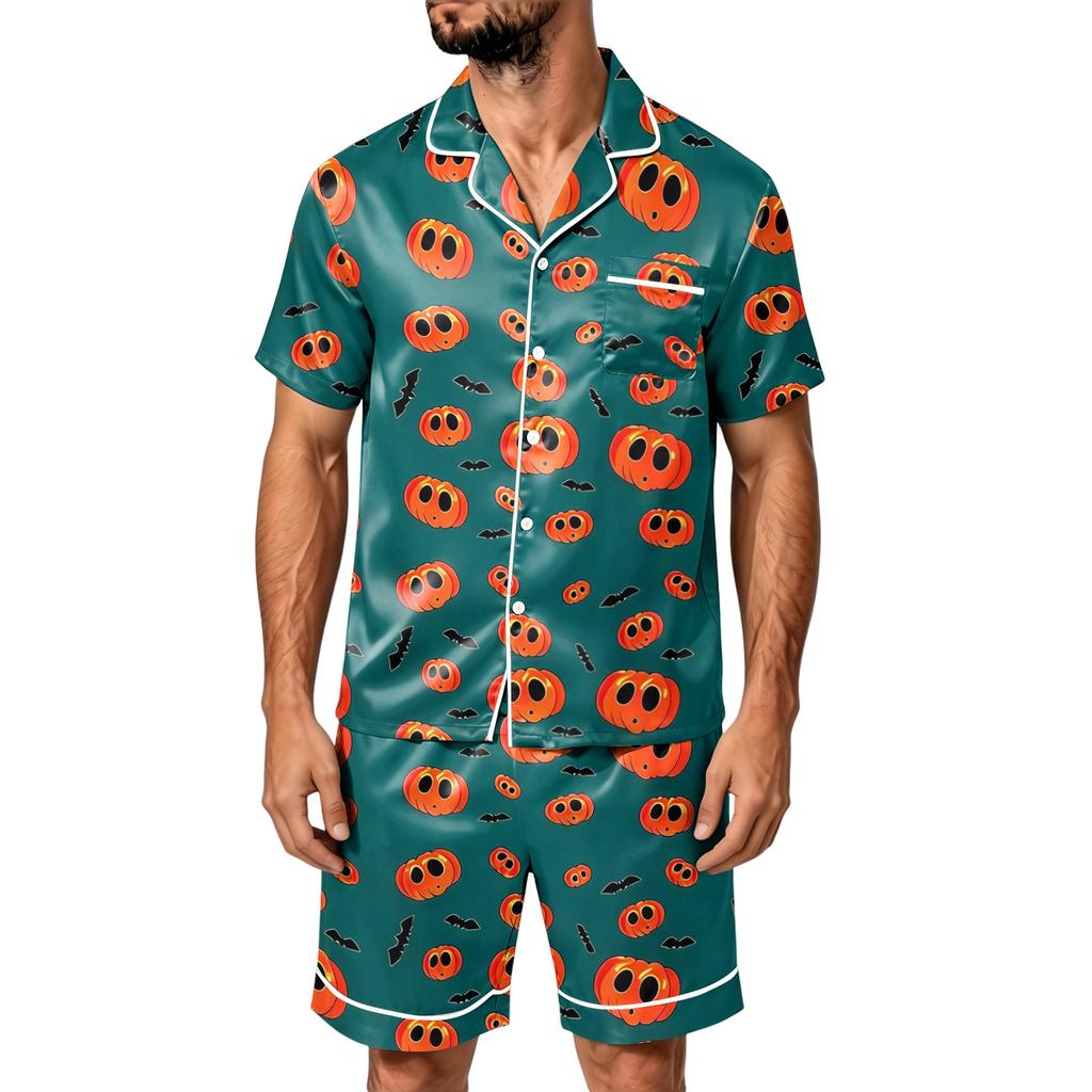Men's Halloween Satin Print Short Sleeve Pajama Set with Pockets - Loose Fit 2-Piece Sleepwear for Home Daily Wear
