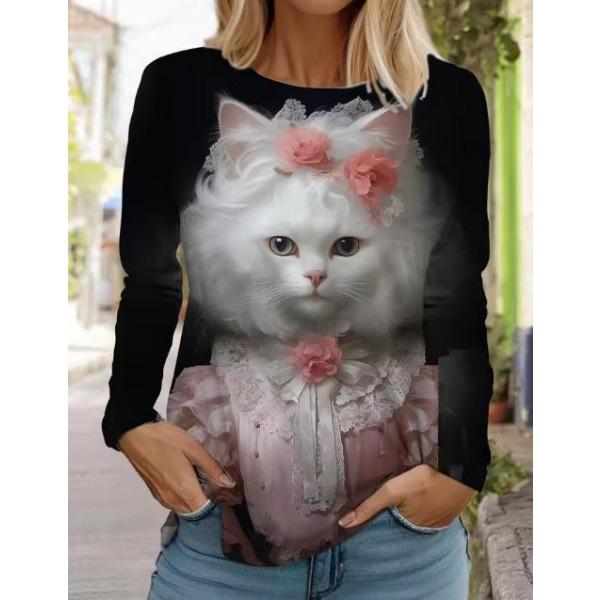 Camisetas de Mujer de Manga Larga Casuales de Moda con Cuello Redondo y Estampado de Gato Lindo con Impresión 3D para Primavera y Otoño