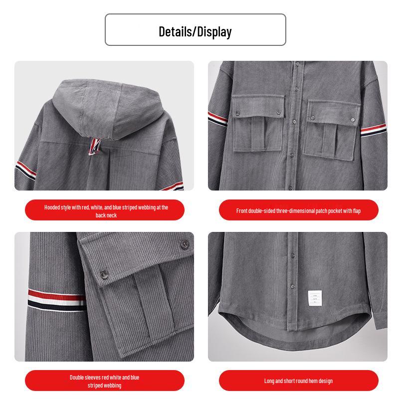 Autumn 2025 Corduroy Hooded Jacket with Red, White & Blue Stripes