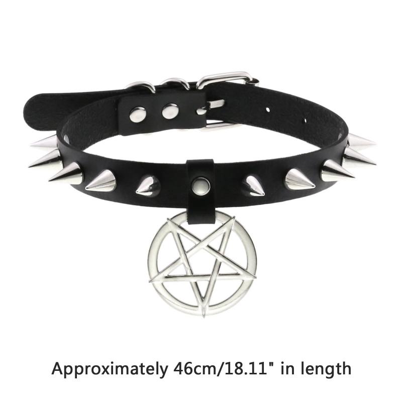 Spiked Choker Necklace PU Leather Goth Choker Collar with Pentagrams Pendant Punk Rock Collar Adjustable for Women Men