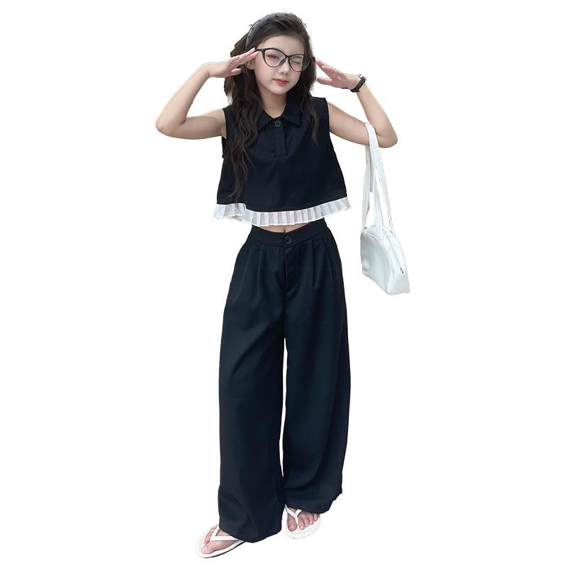 Girls' Stylish Summer Streetwear: Ruffle Polo Top & Wide-Leg Pants Set